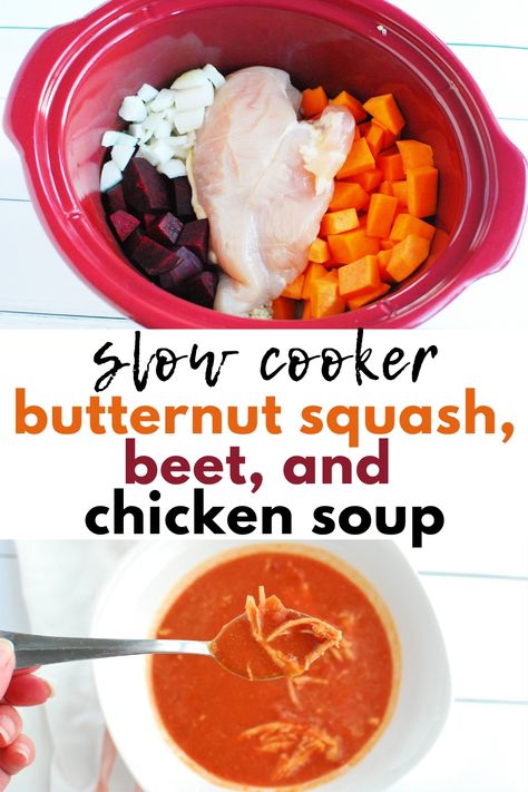 A collage image, the first image showing ingredients in the crockpot, and the second showing the finished butternut squash and beet soup. Soup With Beets, Squash Soup Crockpot, Period Cycles, Crockpot Butternut Squash, Food For Period, Butternut Squash Soup Crockpot, Slow Cooker Butternut Squash, Healthy Fall Soups, Beet Soup Recipes