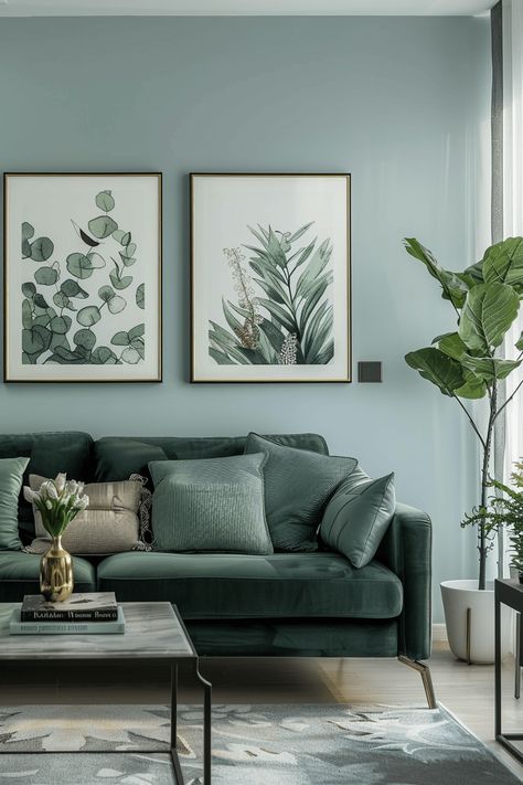 Discover 39+ Ways to Create a Refreshing Blue and Green Living Room Dark Green Couches, Blue Upholstered Chair, Navy Blue Furniture, Blue And Green Living Room, Fog Forest, Mint Green Walls, Green Living Room, Trees Wall Art, Light Blue Walls