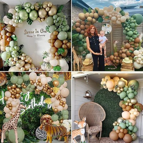 Jungle Theme Balloon Arch, Jungle Balloon Garland, Baby Safari Birthday Party, Jungle Safari Baby Shower Ideas, Jungle Balloon Arch, Jungle Theme Baby Shower Ideas, Safari Party Ideas, Jungle Baby Shower Theme Decorations, Sage Green Balloons