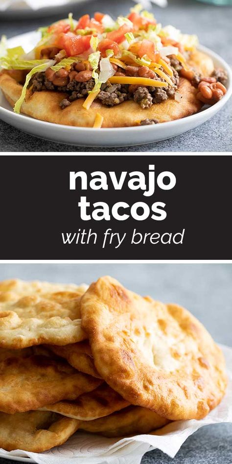 A version of a traditional Navajo Taco – fry bread topped with meat, beans, cheese, lettuce and tomatoes. Save any leftover fry bread to eat with honey for dessert! #recipe #navajotaco #frybread #indiantaco Navajo Tacos Recipe, Frybread Navajo, Traditional Fry Bread Recipe, Navajo Fry Bread Recipe, Indian Taco Recipes, Easy Fry Bread Recipe, Navajo Taco, Chili Sides, Fry Bread Tacos