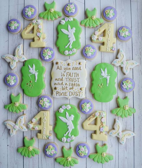 Tinkerbell Birthday Cookies, Tinkerbell Desserts, Tinker Bell Cookies, Tinkerbell Cookies, Fairy Cookies, Tinkerbell Party Theme, Tinkerbell Birthday, 2nd Birthday Party For Girl, Disney Cookies