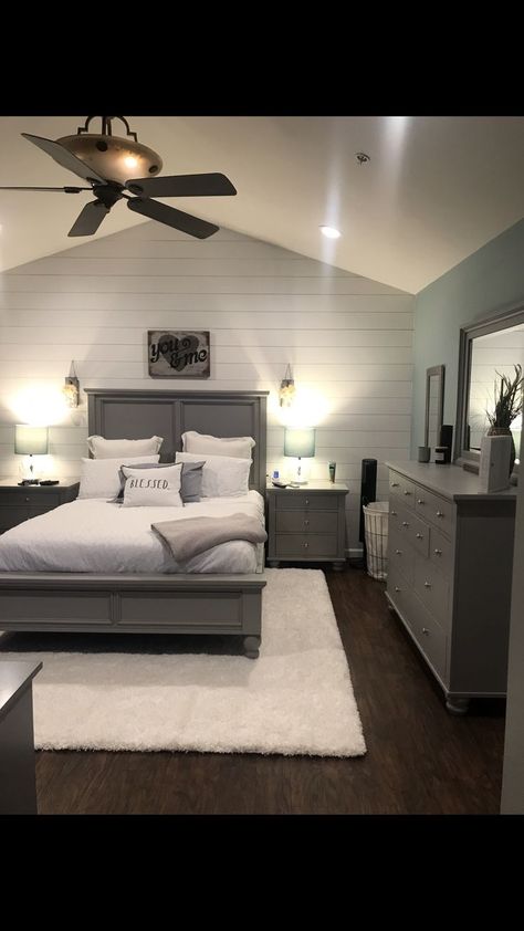 Shipboard Walls Bedroom, Farmhouse Bedroom With Shiplap Wall, Shiplap Master Bed, Green Shiplap Wall Bedroom, Ship Lapped Walls Bedroom, Bedroom With Shiplap Accent Wall, Shiplap Accent Wall Bedroom, Bedroom Shiplap Accent Wall, Shiplap Bedroom Wall