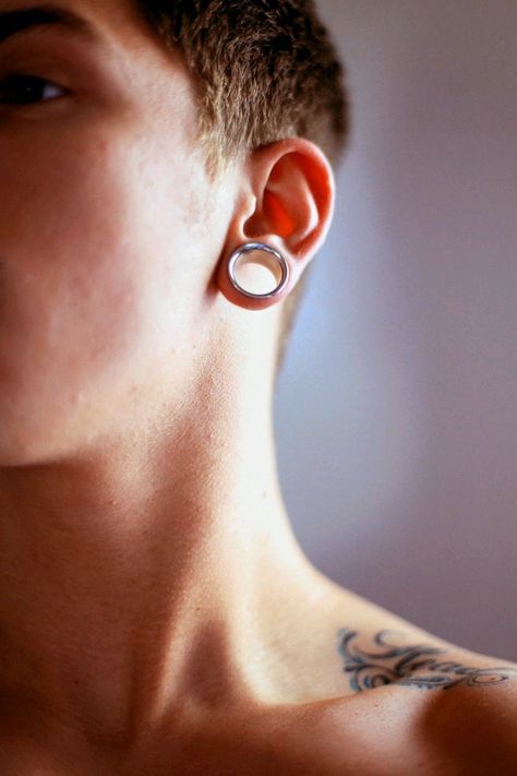 Tunnel Piercing Men, Ear Tunnels Men, Stretched Ears Men, Guys With Gauges, Crow Oc, Mens Piercings, Guys Ear Piercings, Male Aesthetic, Men's Piercings