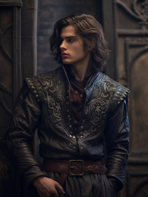 Dark fantasy, medieval, handsome guy, cool medieval jacket, wallpaper style Pirate Character Inspiration Male, Elven Aesthetic Male, Dark Haired Fantasy Male, Male Character Design Blonde, Fantasy Medieval Clothes Male, Fantasy Prince Aesthetic, Fantasy Male Aesthetic, Medieval Aesthetic Male, Dark Academia Man