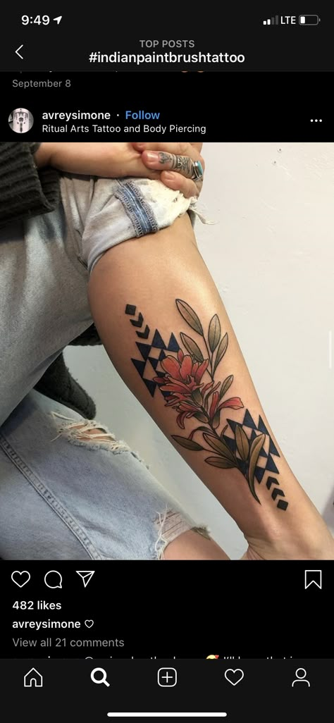 Native American Floral Tattoo, Native American Flowers Tattoo, Native American Tattoos For Women, Cherokee Tattoos, Paintbrush Tattoo, Tattoos Leg, Questioning Reality, Hat Burning, Cowgirl Tattoos