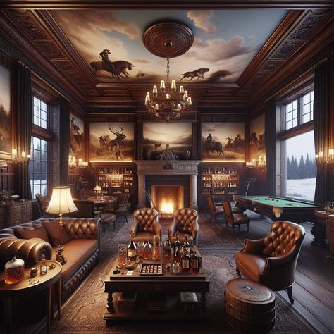 Step into a grand man cave basking in refined elegance. Surrounded by mahogany paneling, hunting scene murals, and a grand stone fireplace, enjoy vintage whiskey and cigars at an antique table, join a game of roulette or pool, and indulge in high-end spirits. A library filled with vintage books and a magnificent globe echo stories of old-world charm. #ManCave #HomeDecor #InteriorDesign #VintageStyle #MasculineElegance #LuxuryLiving Luxury Mancave, Whiskey And Cigars, Bar Room Design, Whisky Room, Gentlemans Room, Male Living Space, Vintage Man Cave, Whiskey Lounge, Whiskey Room