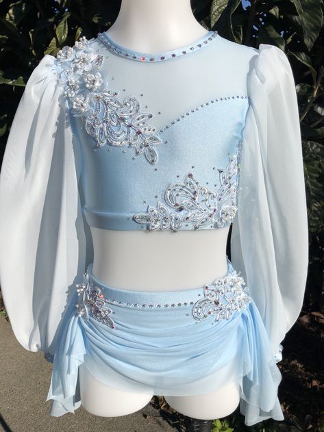 Custom Dance Costumes Leotard, Lyrical Dance Costumes With Sleeves, Pretty Dance Costumes Lyrical, Aerial Costume Body Suits, Light Blue Lyrical Dance Costumes, Blue Lyrical Dance Costumes, Cinderella Dance Costume, White Lyrical Dance Costumes, Blue Lyrical Costume