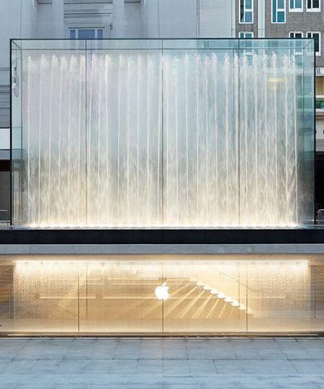 Waterfall Architecture, Milan Store, Shop Facade, Water Wall, Fountain Design, Facade Lighting, Foster Partners, Waterfall Features, Norman Foster