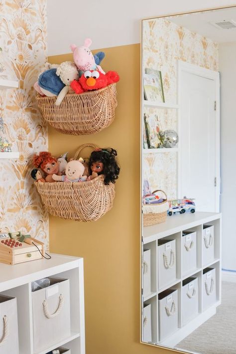 Modern and Bright Playroom Reveal Playroom Shelves Decor, Water Closet Organization Ideas, Hanging Toy Baskets On Wall, Playroom Ideas Dress Up, Plants In Playroom, Playroom Wall Shelving, Small Boho Playroom, Mirror In Playroom, Small House Playroom Ideas