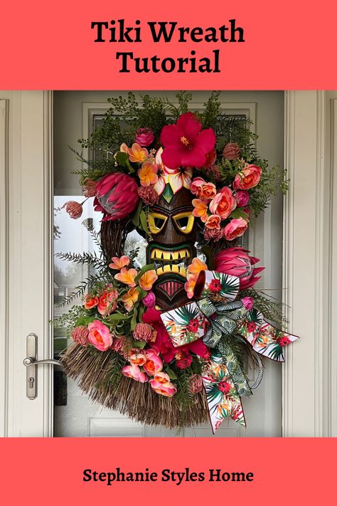 It’s TIKI TIME! This wreath was so fun to create. I hope you enjoy this tiki tutorial! 🌺 Let me know what you think-please “LIKE” or comment. 🌺 This wreath is also listed in my Etsy shop- Heartfelt Additions. 🌺 Tiki Wreath, Diy Tiki Decorations, Tiki Diy, Tiki Decor, Tiki Room, Wreath Tutorial, Diy Wreath, Tommy Bahama, Let Me Know