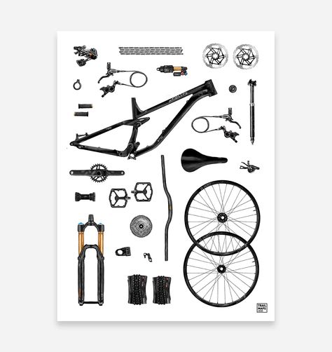 Beautifully illustrated by hand. The mountain bike parts art print would look great in your office, bedroom, or bike cave. Featuring some of the best bike components in the business.   Exquisitely printed on 200GSM Fine Art Paper - A premium quality heavyweight fine art print material with a smooth, clean finish. This Bike Parts Art, Bike Cave, Bike Art Print, Mountain Bike Parts, Mountain Bike Art, Bike Room, Best Bike, Bike Components, Good Birthday Presents