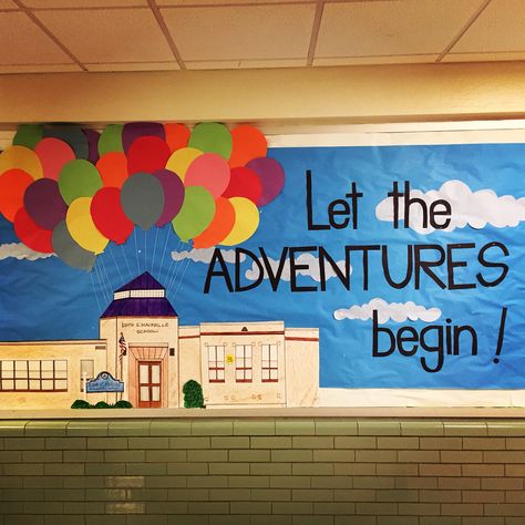 Welcome Back To School Decoration Ideas High School, Start Of Year Bulletin Board, Adventure Awaits Bulletin Board Ideas, Up Theme Bulletin Board, Back To School Poster Ideas, Start Of School Year Bulletin Board, First Day Of School Bulletin Board Ideas, Learning Is A Journey Bulletin Board, Let The Adventure Begin Bulletin Board