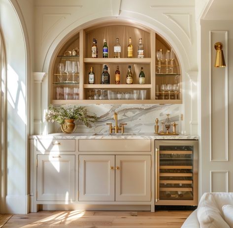 Kitchen Bar With Open Shelving, Home Entertainment Room Bar Designs, Open Bar Cabinet, Arched Built In Kitchen, Room For Entertaining, Home Bar Open Shelving, Wet Bar Transformation, Bar With Arches Design, Elegant Wet Bar