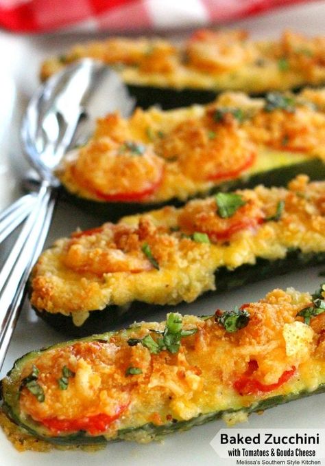 Take zucchini to another level with sweet plum tomatoes and Gouda cheese #bakedzucchini #goudacheese #zucchinirecipes #sidedishrecipes #vegetarian #healthyfood #southernrecipes #southernfood Gouda Cheese Recipes, Vegetable Bake Recipes, Zucchini Stuffed, Zucchini Recipes Baked, Tomatoes And Cheese, Easy Zucchini Recipes, Zucchini Tomato, Baked Zucchini, Bake Zucchini