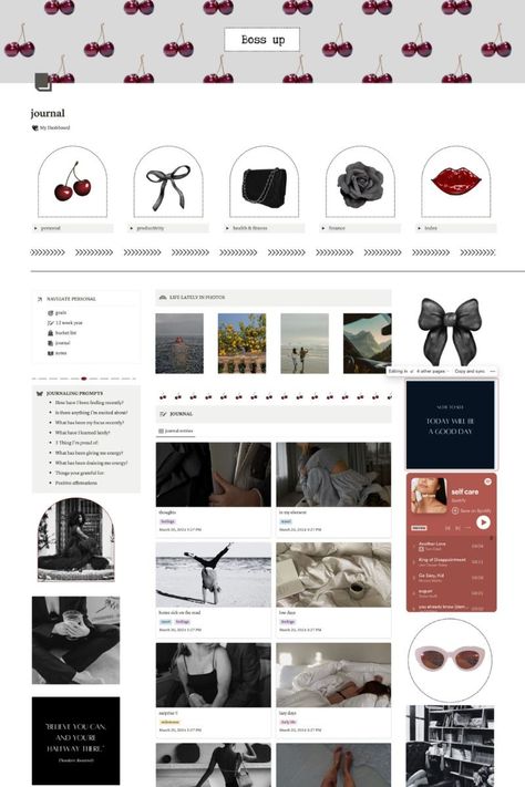 Notion Dashboard Ideas, BossBabe Journal, Dark Femme Aesthetic Theme, That Girl Notion Notion Dashboard Ideas Aesthetic, Notion Dashboard Ideas, Notion Inspo, Notion Ideas, Etsy Planner, Notion Dashboard, Phone Layouts, Notion Templates, Notion Template