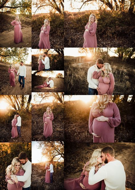 Maternity session inspiration for moms of singles or twins. This twin maternity session was taken at 28 weeks and mom was still comfortable but showing. She wore a beautiful blush gown from Baltic Born and dad dressed in simple white long sleeve and jeans. The fall light was to die for and they handled the maternity posing like champs! Maternity Twins Photography, Maternity Poses With Tall Husband, Maternity Photography For Plus Size, Double Maternity Shoot Best Friends, Plus Size Maternity Photography Poses, Maturity Shoot Ideas, Twin Maternity Photoshoot, Twins Maternity Photoshoot, Maternity Single Poses