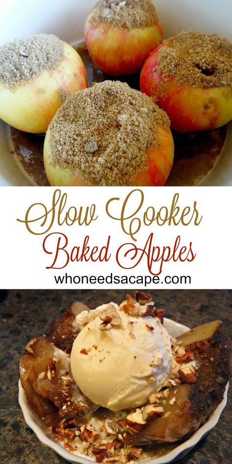 Slow Cooker Baked Apples, a delicious fall treat straight from your crockpot. Healthy Apple Crockpot Recipes, Baked Apples Recipe Crockpot, Crockpot Baked Apples Easy, Slow Cooker Apple Recipes, Crockpot Baked Apples, Slow Cooker Dessert, Crockpot Dessert, Crockpot Desserts, Baked Apple Recipes