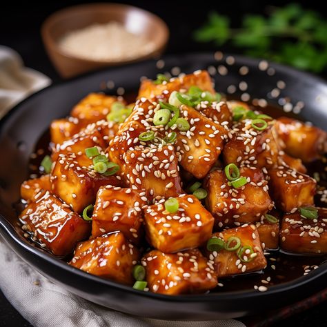 Ingredients: For the "Chicken": - 1 block (14 oz) firm tofu, pressed and cubed - 1/2 cup cornstarch - Salt and pepper to taste - Vegetable oil for frying For the Vegan Honey Sesame Sauce: - 1/4 cup agave nectar (as a vegan alternative to honey) - 2 tablespoons soy sauce (ensure it's vegan) - 1 tablespoon rice vinegar - 1 clove garlic, minced - 1 teaspoon grated ginger - 1 tablespoon cornstarch mixed with 2 tablespoons water - 2 tablespoons sesame seeds - 1 teas... Honey Sesame Sauce, Vegan Honey, Honey Sesame Chicken, Honey Sesame, Firm Tofu, Sesame Sauce, Sesame Chicken, Vegan Alternatives, Agave Nectar