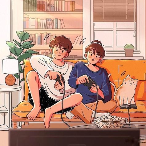 Gaming Couple Art, Relationship Animation Cute, Gaming Couple Drawing, Couples Watching Movie, Cute Relationship Drawings, Couple Illustration Romantic Cute, Chaotic Couple, Hows Your Day, Gamer Couple