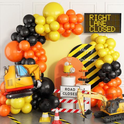 PRICES MAY VARY. 【108Pcs Construction Birthday Party Supplies】Our balloon garland kit contains:3 x 18inch Balloons (black*1,orange*1,yellow*1) , 55 x 10inch Balloons(black*20,orange*20,yellow*15), 45 x 5inch Balloons (black*15,orange*15,yellow*15),1Pcs construction aluminum foil balloons,balloons strip 1pc, adhesive tape 3pcs,ribbon 1pc. 【Premium Material】 Our balloons are made of natural latex.Each of these latex balloons is in a brighter color and 20% thicker than normal latex balloons.safe to Yellow Balloon Garland, Party Balloon Garland, Construction Theme Birthday Party, 2nd Birthday Party For Boys, Construction Theme Party, Construction Birthday Party, Boy Birthday Party Themes, Orange Balloons, Yellow Balloons