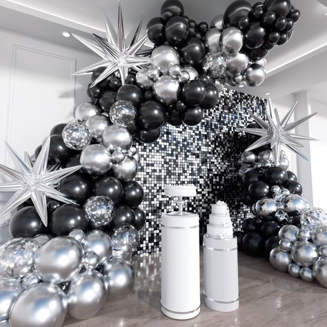 PRICES MAY VARY. BALLOON GARLAND ARCH KIT PACKAGE: 201pcs balloons Include 22''(Silver explosion star balloons 3pcs), 12''(Black balloons 20pcs, Silver balloons 11pcs, Silver confetti balloons 11pcs),10''(Black balloons 50pcs, Silver balloons 30pcs), 5''(Black balloons 30pcs, Silver balloons 33pcs, White balloon 10pcs, Silver balloons 17pcs),16FT garland strip x1,100 dots glue HIGH QUALITY MATERIALS: All black and silver balloons are made of high quality latex, which are durable and non-toxic. L Disco Balloons Decoration, Black And Silver Party Aesthetic, Black And Silver 25th Birthday, Balloon Decorations Black And Silver, Black And White 40th Birthday Party, Black And White Gala Decor, Balloon Set Up, Black And Silver Balloon Arch, Star Wars Balloon Arch