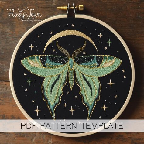 Whimsical Moth Embroidery Pattern Template, Moon And Moth Hand Embroidery Pattern, Luna Moth Embroidery Printable Pattern Celestial Design Luna Moth Embroidery, Embroidery Moth, Celestial Embroidery, Moth Embroidery, Embroidery Printable, Moon Embroidery, Colour Guide, Celestial Design, Boho Moon