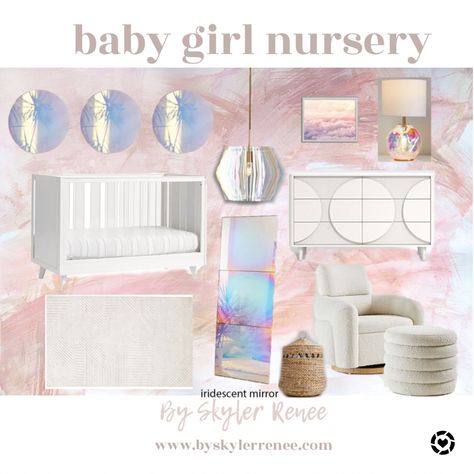 Iridescent Nursery, White Nursery Rug, Acrylic Crib, Modern White Dresser, Ottoman With Storage, Glider And Ottoman, Lamp Pendant, White Nursery