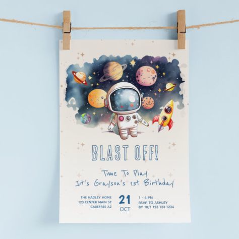 $3.16 | Blast Off Rocket Ship 1st Birthday | Birthday Invitations | 1st birthday, first one 1, space birthday party, outerspace party, blast off, rocket ship, spaceship, planets, space tacular party, space theme birthday party invites Space Birthday Invitation, Outer Space Party, Space Birthday Party, 1st Birthday Invitation, Space Birthday, Rocket Ship, 1st Birthday Invitations, Birthday Invitations Kids, Free Birthday Invitations