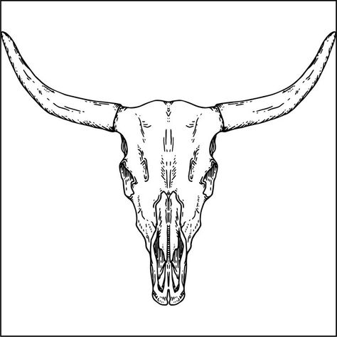 Bull Line Art Longhorn Tattoo Stencil, Bull Lines Tattoo, Bull Skull Tattoo Stencil, Bull Head Tattoo Women, Bull Skull Outline, Bull Head Outline, Long Horn Drawing, Bull Skull Tattoo Design, Crochet Tattoos