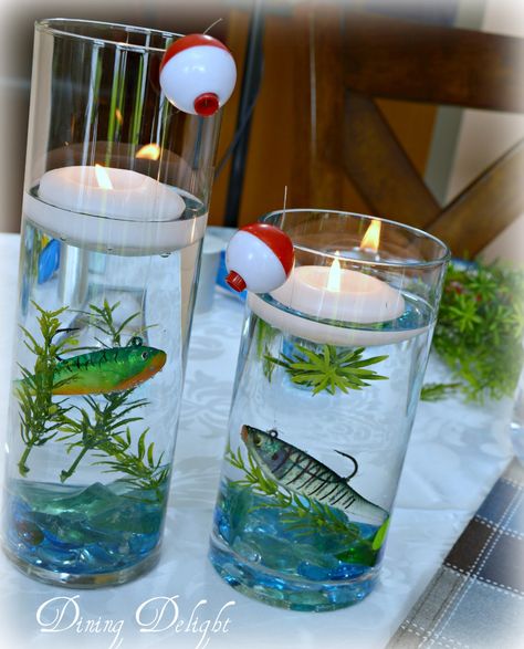 As promised in my previous post, here is a simple tutorial on how to create a fishing themed centerpiece in a cylinder vase.  I've had som... Fish Centerpiece, Fishing Theme Party, Fishing Themed Birthday Party, Baby Shower Fishing, Fishing Birthday Party, Fishing Wedding, Fishing Party, Baby Fish, Fishing Birthday