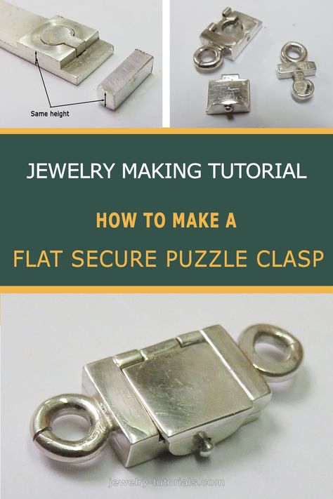 This puzzle clasp is ideal for a heavy flat chain or bracelet with it's secure lock and fold-over cover. Heat control when soldering and taking time to accurately file the puzzle lock section, is essential for a smooth neat fit. #silver #chains #jewelrymaking how to make a clasp, silversmith, flat secure clasp, fold-over catch, hinge, soldering, heavy chain clasp making, Clasps For Jewelry Making, Jewellery Clasps, Jewelry Education, Metalsmithing Jewelry, Jewelry Design Inspiration, Heavy Chain, How To Make Rings, Jewelry Making Tools, Jewelry Clasps