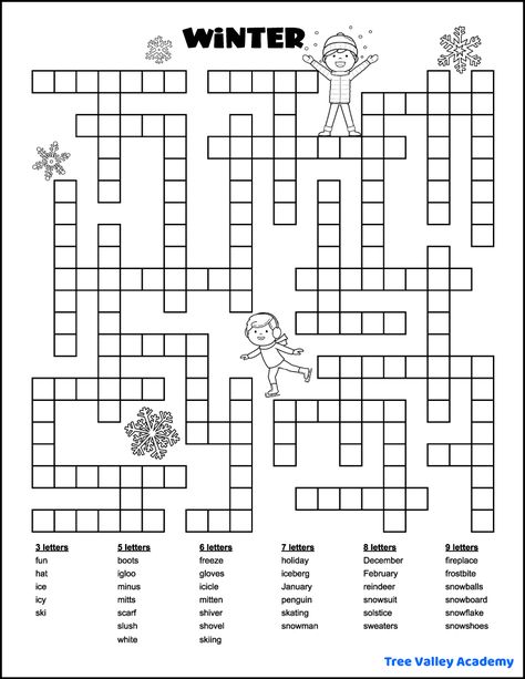 Fill In Puzzles Free Printable, Winter Puzzles Free Printable, Printable Puzzles For Adults, Winter Worksheets For Kids, Kids Crossword Puzzles, 3rd Grade Spelling Words, Fill In Puzzles, Word Puzzles For Kids, Winter Worksheets