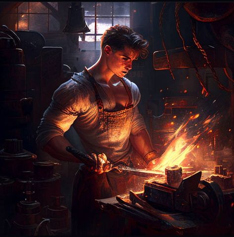 Blacksmith Pose, Dnd Blacksmith, Blacksmith Aesthetic, Medieval Blacksmith, Blacksmith Art, Steampunk Character, Fairytale Stories, Fantasy Images, Kid Character