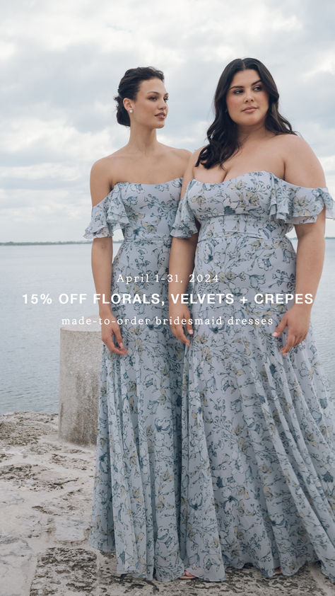 Shop Jenny Yoo made-to-order floral, velvet, or crepe bridesmaid dresses during the month of April and save 15%! Dusty Blue Floral Bridesmaid Dresses, Floral Dusty Blue Bridesmaid Dresses, Dusty Blue Bridesmaid Dresses Jenny Yoo, Jenny Yoo Floral Bridesmaid, Jenny Yoo Bridesmaid Velvet, Modern Bridesmaids, Modern Bridesmaid Dresses, Jenny Yoo Bridesmaid, Modern Bridesmaid