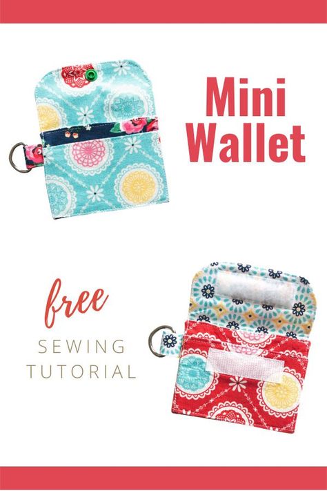 Mini Wallet FREE sewing tutorial. If it's a mini wallet that you want then you have come to the right place. This Mini Wallet as its name suggests is a small size wallet. It has a D-ring to attach to a lanyard, and two pockets, one for change and one for cash. Free sewing pattern for a small wallet with d-ring to attach to your keys or wear on a lanyard. Small coin purse free sewing pattern. SewModernBags Keychain Wallet Sewing Pattern, Wallet Sewing Pattern Free, Card Purse Pattern, Wallet Pattern Free, Purse Patterns Free, Wallet Sewing Pattern, Sew Wallet, Key Purse, Wallet Tutorial