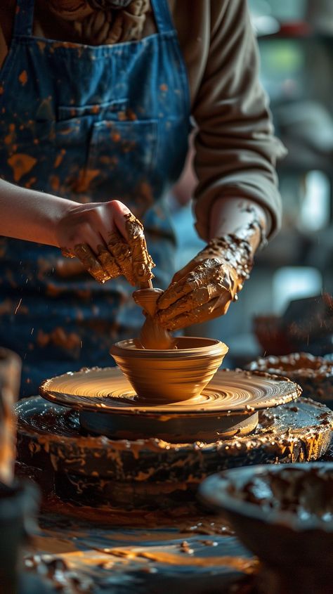 Pottery Wheel Craft: An artisan shapes earthenware on a pottery wheel, hands covered in wet clay, creating art. #pottery #artisan #craft #wheel #clay #creation #earthenware #studio #aiart #aiphoto #stockcake https://ayr.app/l/AhtW Clay Artist Aesthetic, Pottery Wheel Photography, Throwing On The Wheel, Darius Deamonne, Pottery Pictures, Artisan Aesthetic, Clay Photography, Pottery Photography, Hand Pottery