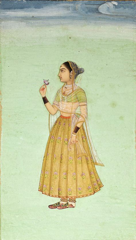 A MUGHAL PORTRAIT OF A LADY. Gouache with gold on paper, NORTHERN INDIA, 18TH century Mughal Paintings Woman, Mughal Miniature, Mughal Fashion Inspiration, Mughal Dress, India 18th Century, Mughal Art Motifs, Mughal Art, Mughal Miniature Paintings, Rajasthani Painting