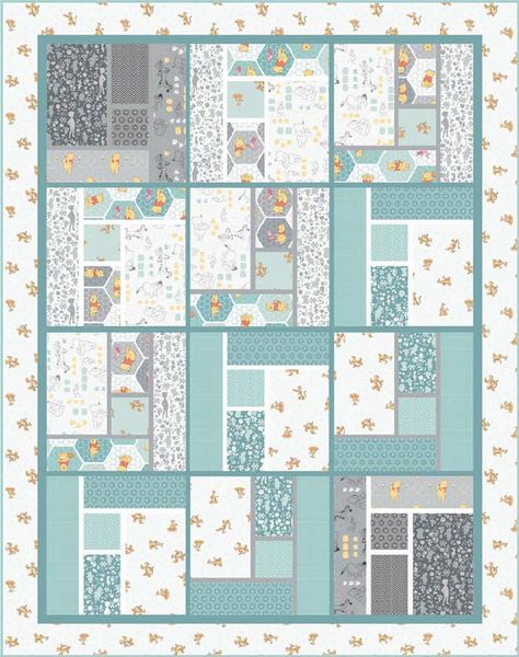 Winnie The Pooh - Whimsical Free Quilt Pattern Winnie The Pooh Quilt, Free Baby Quilt Patterns, Kid Quilts Patterns, Boys Quilt Patterns, Baby Quilt Tutorials, Baby Patchwork Quilt, Cot Quilt, Childrens Quilts, Baby Quilt Patterns