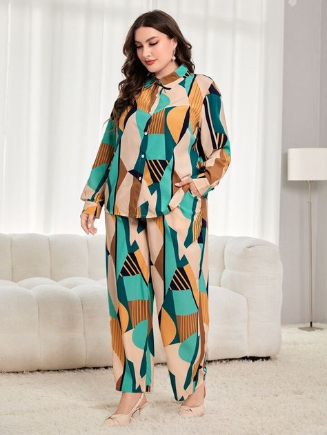 SHEIN Mulvari Plus Geo Print Shirt & Wide Leg Pants Without Belt | SHEIN USA Trouser And Long Sleeves Outfit, Moda Dope, Co Ords Outfits, Casual Outfits Plus Size, 2piece Outfits, Bridal Dresses Pakistan, Long Sleeve Outfits, Simple Pakistani Dresses, Stylish Party Dresses