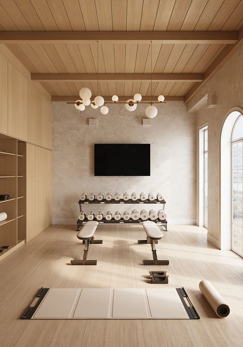 Design Your Luxury Home Gym | Sportova Japandi Home Gym, Home Gym Luxury Design, Gym Room In House, Beautiful Home Gym, Japandi Gym, At Home Yoga Studio, Fitness Studio Design Ideas, Sport Room Ideas, In House Gym