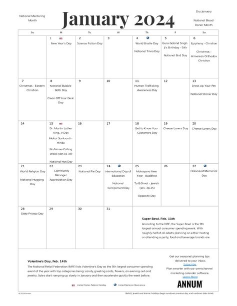 National Days In January, January Holidays, National Holiday Calendar, World Braille Day, Calendar With Holidays, Calendar January, Islamic Holidays, National Day Calendar, January Calendar