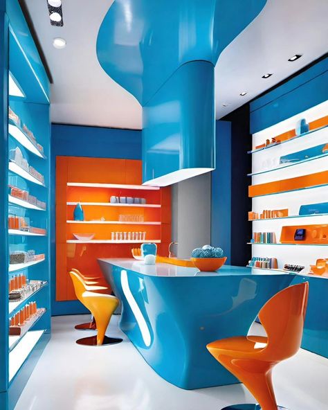 ◾️Azure◾️ Blue Orange Design is a dynamic approach that combines the complementary colors of blue and orange to create visually stimulating and emotionally engaging environments. This design concept captures attention with its striking contrast, fostering positive emotional responses and enhancing brand identity. The interplay of calming blue and energizing orange creates a balanced atmosphere that can be tailored to various settings, from serene to vibrant, elevating the perceived value of p... Color Balance Interior, Blue And Orange Interior, Coffee Decorations, Orange Restaurant, Events Branding, Orange Bar, Colors Of Blue, Blue Interior Design, Blue Bar