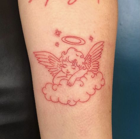 Red Angel Tattoo, Baby Angel Tattoo, Cupid Tattoo, Cherub Tattoo, Red Angel, Red Ink Tattoos, Tatuaje A Color, Red Tattoos, Classy Tattoos