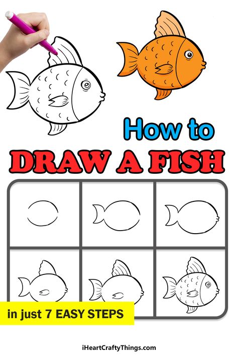 Easy Fish Drawing, Draw A Fish, Steps To Draw, Drawing Shapes, Easy Christmas Drawings, Kid Drawing, Doodle Art For Beginners, Sketch Practice, Easy Flower Drawings