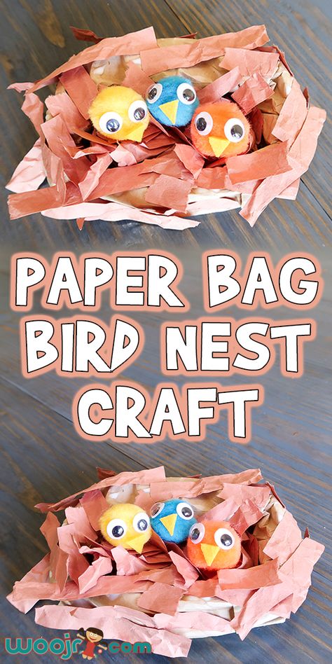 Easy Paper Bag Bird Nest Craft | Woo! Jr. Kids Activities Nest Preschool Craft, Bird Nest Preschool, Paper Bags Ideas, Labeling Ideas, Easy Paper Bag, Nest Craft, Games Adults, Bird Nest Craft, Fun Halloween Party Games