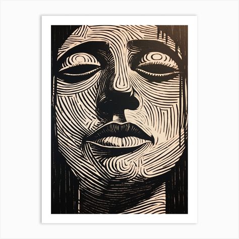 Fine art print using water-based inks on sustainably sourced cotton mix archival paper. • Available in multiple sizes • Trimmed with a 2cm / 1" border for framing • Available framed in white, black, and oak wooden frames. Tags: PJ-5162-2697 Linocut Face, Lino Cut Ideas, Lino Cut Art, Linocut Portrait, Street Collage, Lino Print Artists, Fine Line Art, Weird Photography, Woodcut Art