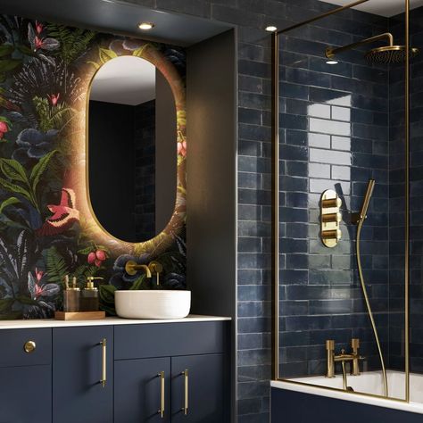 Ambient illumination in a sleek black or brushed brass frame, the Arcane range is a sophisticated and stylish option that complements all the latest bathroom trends. Available in Curve, Round and Pill options in a variety of sizes, there is plenty of choice to suit every style of bathroom. Arcane also features a heated Navy Blue Tiled Bathroom, London Basin Company, Dreamy Bathroom Aesthetic, Calm Bathroom Ideas, Really Small Bathroom Ideas, Small Dark Bathroom, Frame Bathroom Mirror, Latest Bathroom Trends, Brushed Brass Bathroom