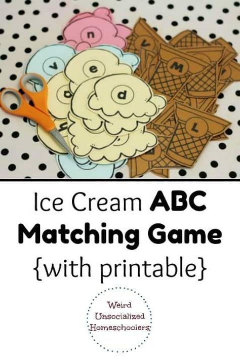 Ice Cream ABC Matching Game {with printable} - Weird Unsocialized Homeschoolers Ice Cream Dramatic Play, Ice Cream Preschool, Ice Cream Shop Dramatic Play, Free Preschool Printables Alphabet, January Preschool Themes, I Is For Ice Cream, I Is For Ice, Abc Matching, Winter Writing Activities