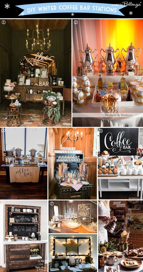 How to Set Up a Winter Coffee Bar at a Wedding  http://www.bellenza.com/wedding-ideas/diy-projects/how-to-set-up-a-coffee-bar-at-a-winter-wedding.html #coffee #coffeebar #diycoffeebars #coffeestations Coffee Bar Wedding Reception, Winter Coffee Bar, Reception Coffee Bar, Coffee Reception, Wedding Brunch Reception, Coffee Bar Wedding, Bar Wedding Reception, Coffee Bar Station, Diy Coffee Bar