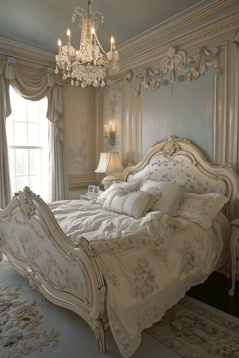 Parisian Oasis: 17 Enchanting French Styled Bedrooms  | The Olive Branch Nest Vinatge Bed, French Manor Bedroom, French Rococo Bedroom, French Decor Bedroom, Vintage Feminine Bedroom, Bridgerton Bedroom, Romantic Vintage Bedroom Ideas, Vintage Bedroom Ideas Victorian, French Chic Bedroom